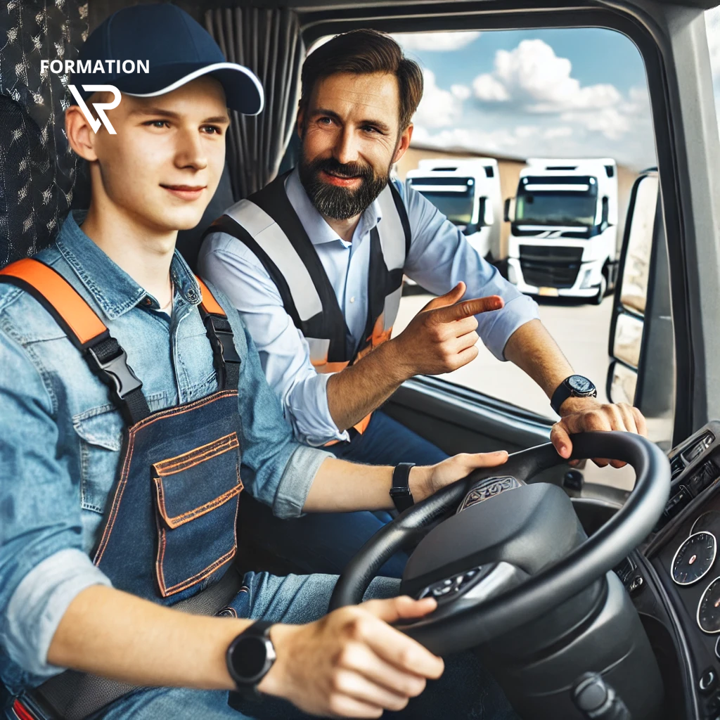 Un conducteur de camion recevant une formation de conduite sécurisée, assis dans un camion moderne, avec un instructeur professionnel pointant vers le tableau de bord. En arrière-plan, un centre de formation avec d'autres véhicules.